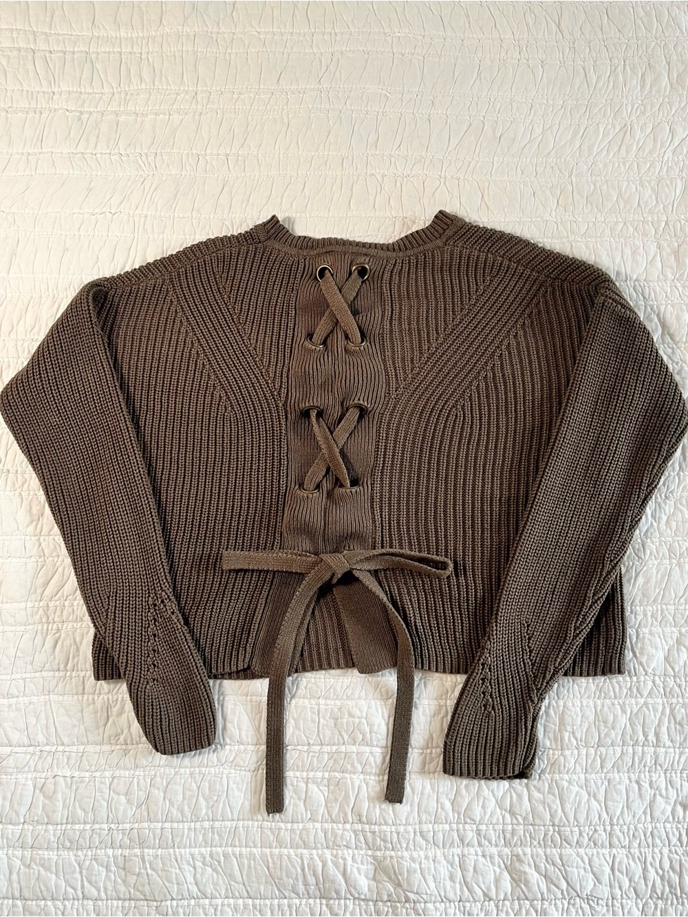 Lucky Brand Ribbed Knit Back Lace-Up Cropped Sweater - Olive Green / Brown - XS